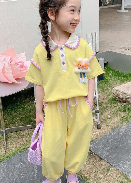 Cute Yellow Cartoon Decorated Patchwork Cotton Kids Girls Two Pieces Set Summer LY5445 - fabuloryshop