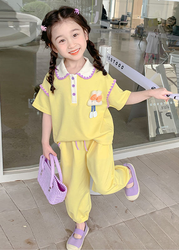 Cute Yellow Cartoon Decorated Patchwork Cotton Kids Girls Two Pieces Set Summer LY5445 - fabuloryshop