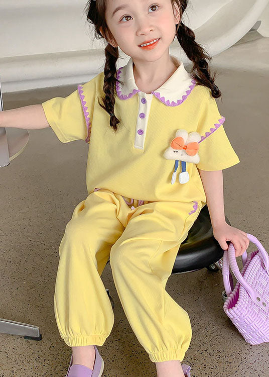 Cute Yellow Cartoon Decorated Patchwork Cotton Kids Girls Two Pieces Set Summer LY5445 - fabuloryshop