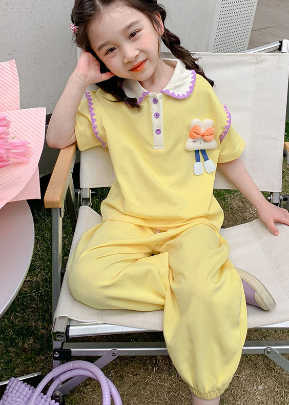 Cute Yellow Cartoon Decorated Patchwork Cotton Kids Girls Two Pieces Set Summer LY5445 - fabuloryshop