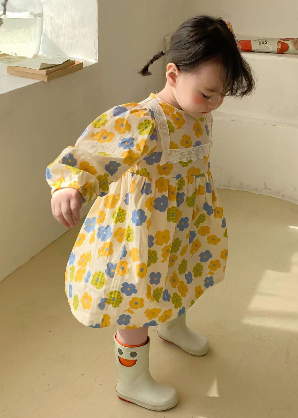 Cute Yellow O Neck Print Cotton Kids Girls Robe Dresses Fall Ada Fashion