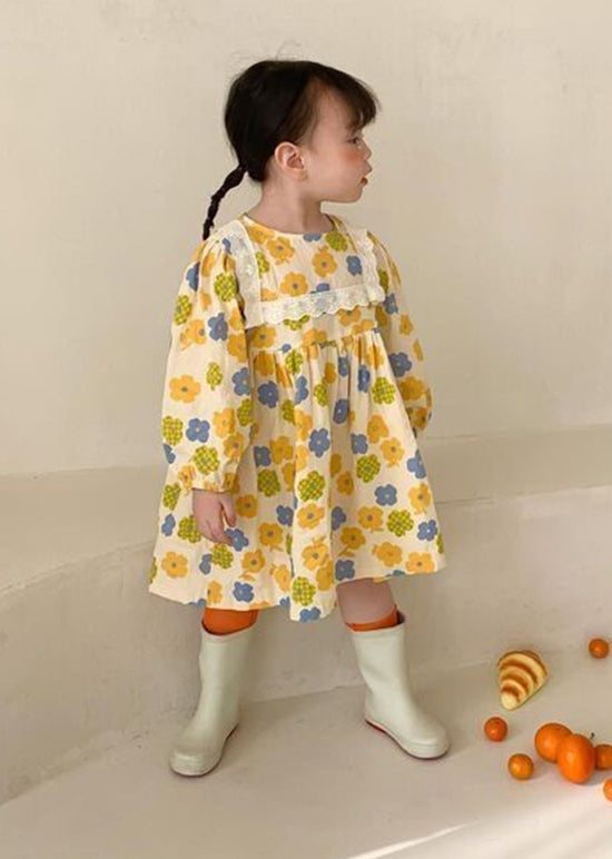 Cute Yellow O Neck Print Cotton Kids Girls Robe Dresses Fall Ada Fashion