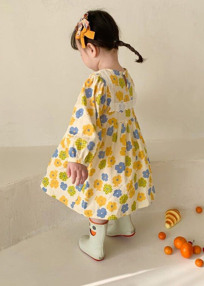 Cute Yellow O Neck Print Cotton Kids Girls Robe Dresses Fall Ada Fashion