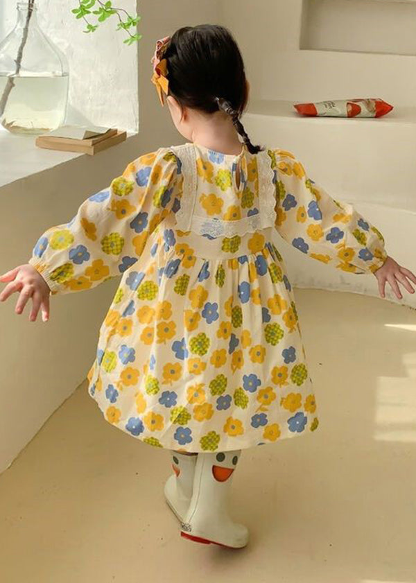 Cute Yellow O Neck Print Cotton Kids Girls Robe Dresses Fall Ada Fashion