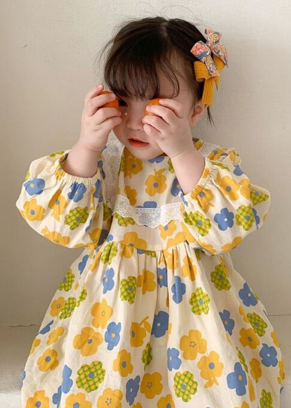 Cute Yellow O Neck Print Cotton Kids Girls Robe Dresses Fall Ada Fashion