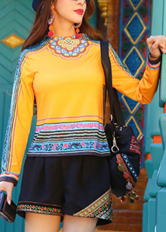 Cute Yellow O-Neck Print Patchwork Top Long Sleeve LY0177 - fabuloryshop