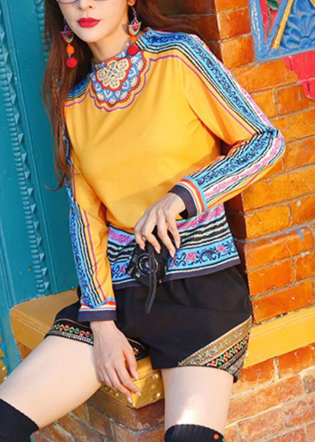 Cute Yellow O-Neck Print Patchwork Top Long Sleeve LY0177 - fabuloryshop