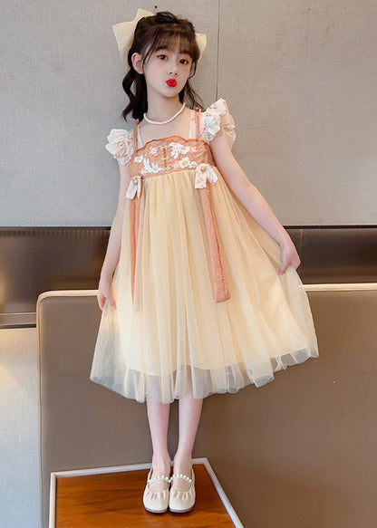 Cute Yellow Slash Neck Embroideried Patchwork Tulle Kids Long Dress Summer LY5443 - fabuloryshop