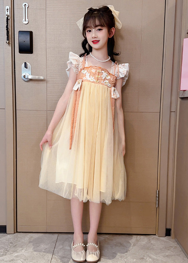 Cute Yellow Slash Neck Embroideried Patchwork Tulle Kids Long Dress Summer LY5443 - fabuloryshop