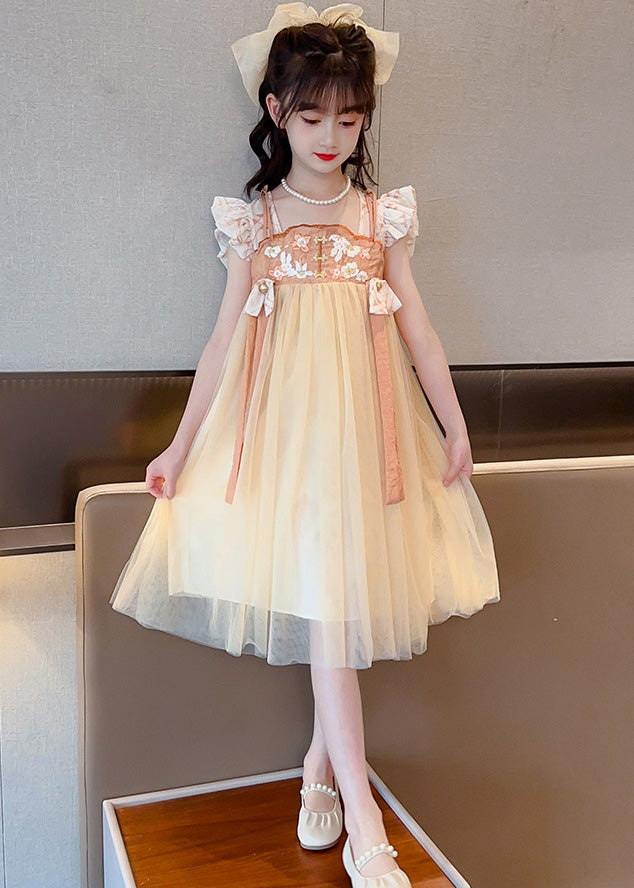 Cute Yellow Slash Neck Embroideried Patchwork Tulle Kids Long Dress Summer LY5443 - fabuloryshop