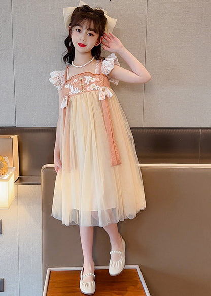 Cute Yellow Slash Neck Embroideried Patchwork Tulle Kids Long Dress Summer LY5443 - fabuloryshop