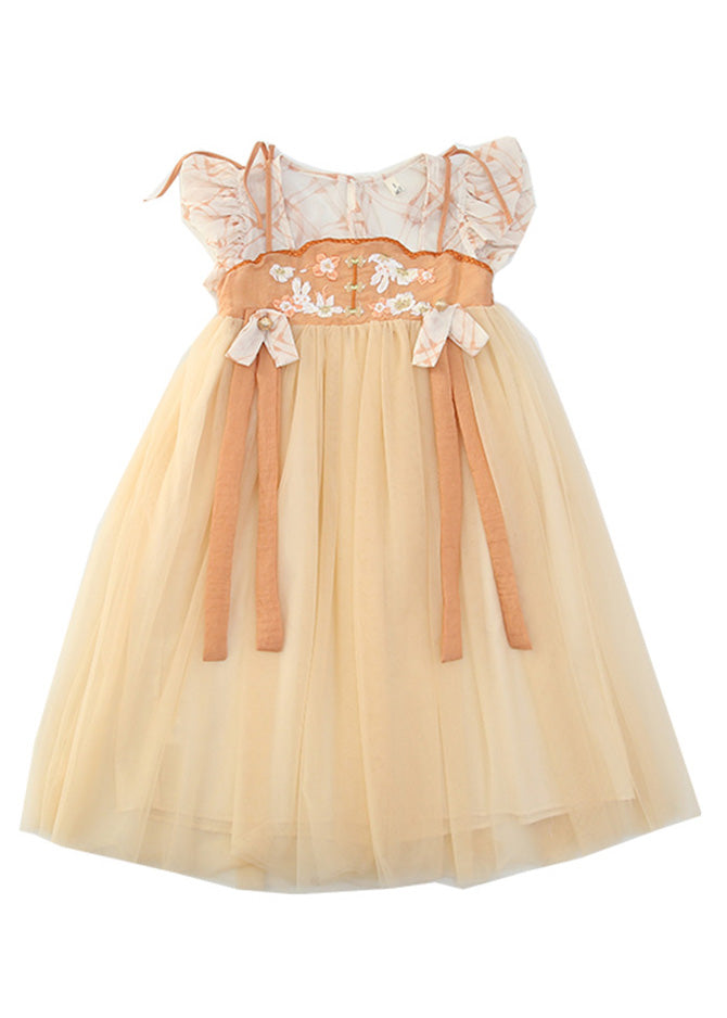 Cute Yellow Slash Neck Embroideried Patchwork Tulle Kids Long Dress Summer LY5443 - fabuloryshop