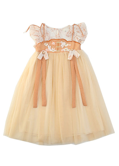 Cute Yellow Slash Neck Embroideried Patchwork Tulle Kids Long Dress Summer LY5443 - fabuloryshop