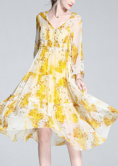 Cute Yellow V Neck Print Patchwork Button Silk Long Dress Spring LY0691 - fabuloryshop