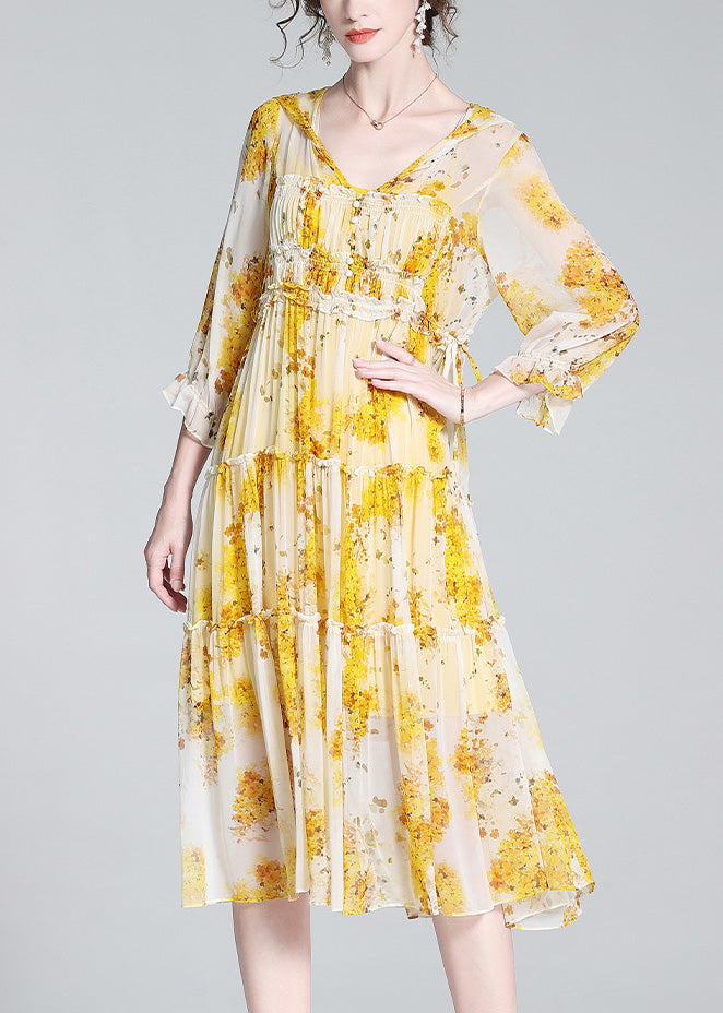 Cute Yellow V Neck Print Patchwork Button Silk Long Dress Spring LY0691