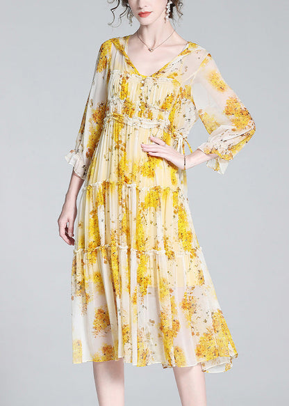 Cute Yellow V Neck Print Patchwork Button Silk Long Dress Spring LY0691 - fabuloryshop