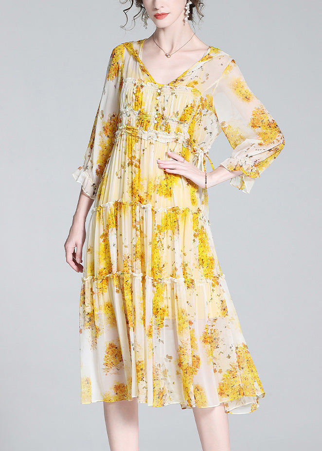 Cute Yellow V Neck Print Patchwork Button Silk Long Dress AC3064 - fabuloryshop