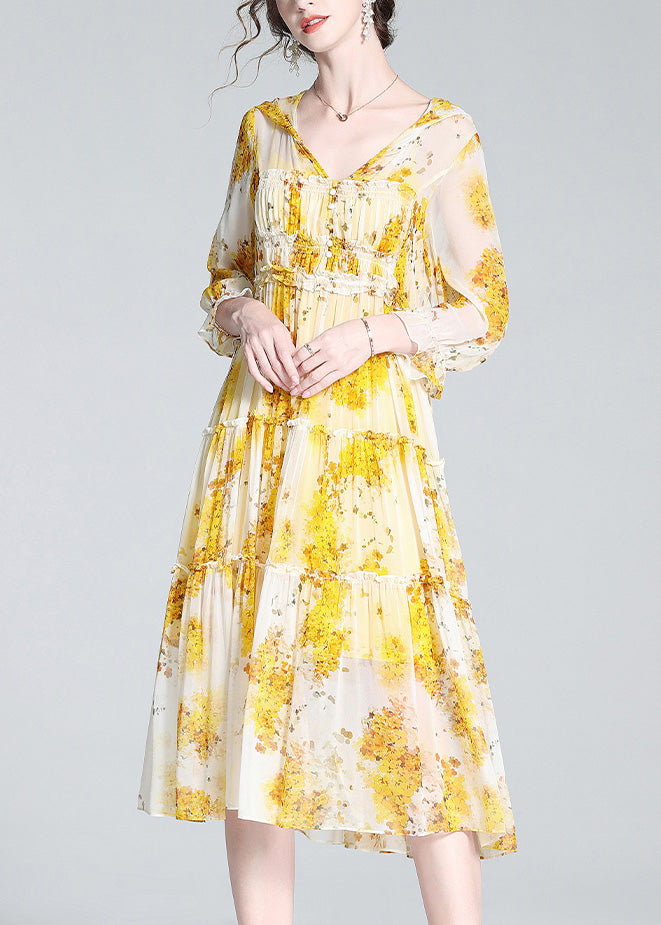 Cute Yellow V Neck Print Patchwork Button Silk Long Dress Spring LY0691 - fabuloryshop