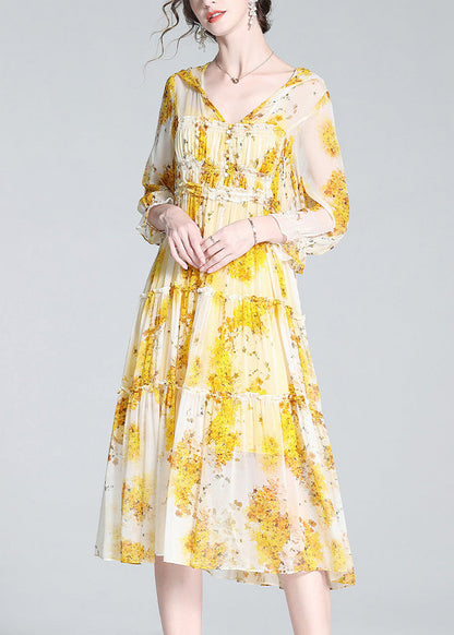 Cute Yellow V Neck Print Patchwork Button Silk Long Dress Spring LY0691 - fabuloryshop