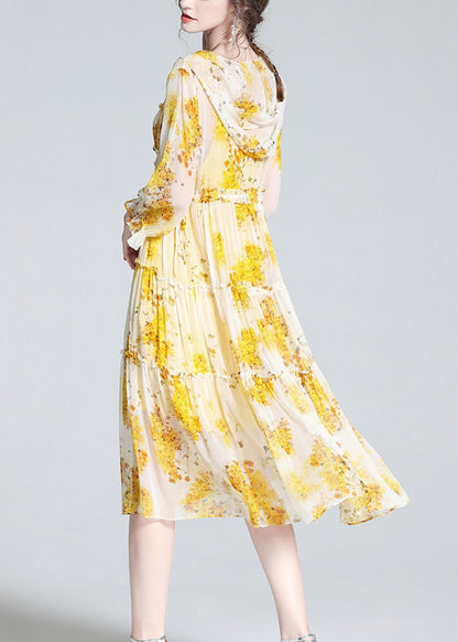 Cute Yellow V Neck Print Patchwork Button Silk Long Dress Spring LY0691 - fabuloryshop