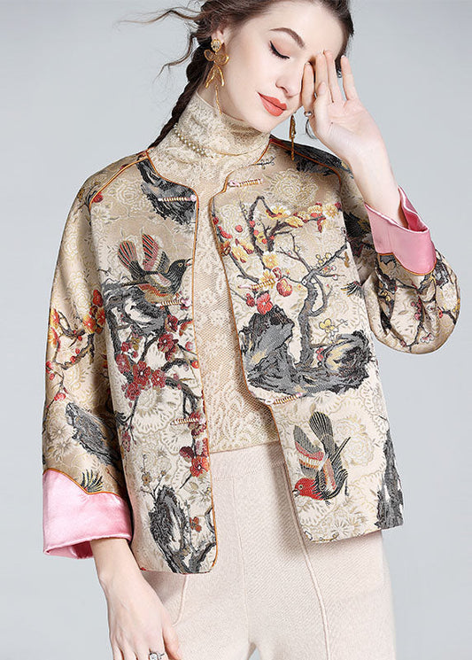 DIY Apricot O-Neck Embroideried Patchwork Chinese Button Silk Coats Spring LY0145 - fabuloryshop