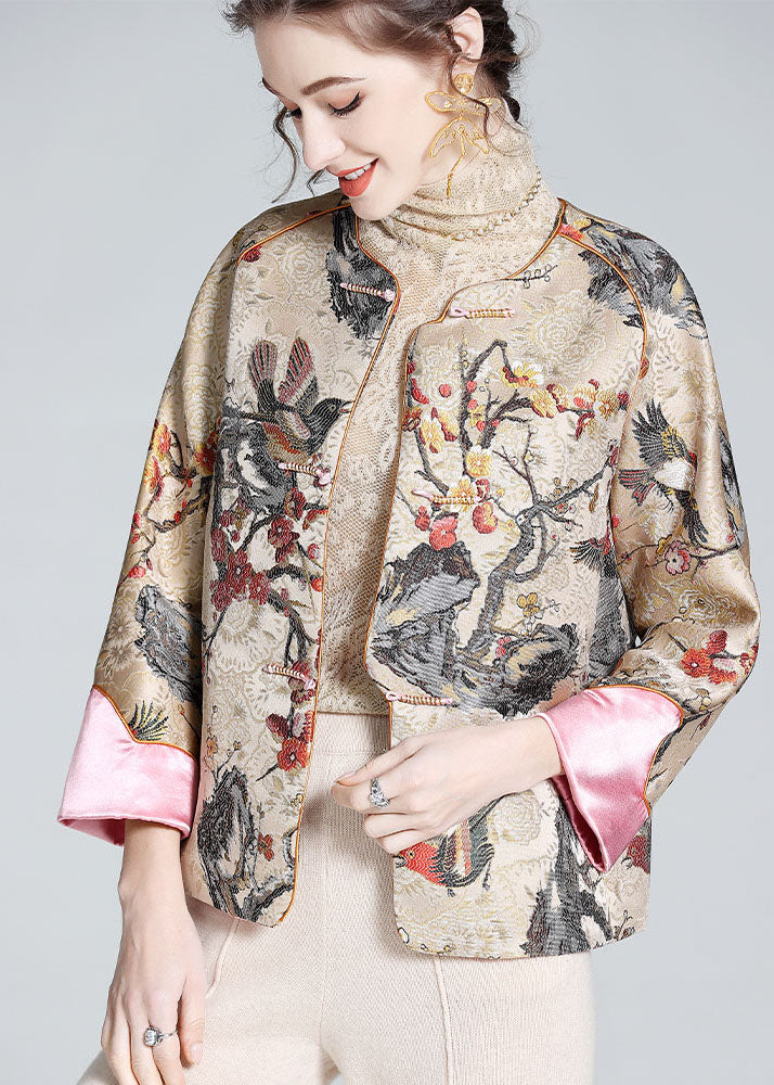 DIY Apricot O-Neck Embroideried Patchwork Chinese Button Silk Coats Spring LY0145 - fabuloryshop