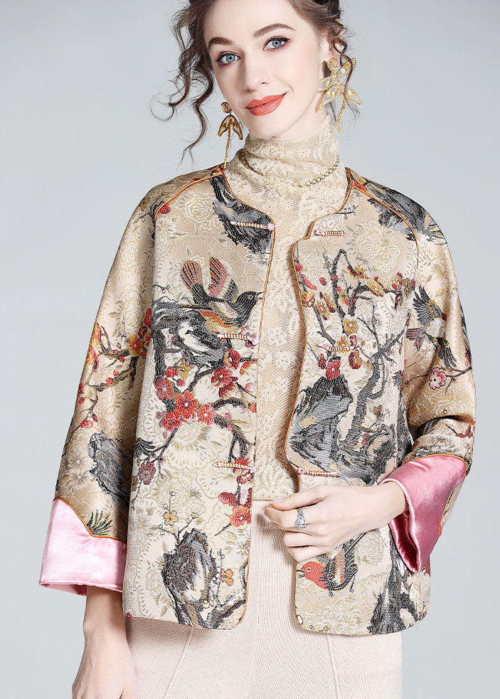 DIY Apricot O-Neck Embroideried Patchwork Chinese Button Silk Coats Spring LY0145 - fabuloryshop