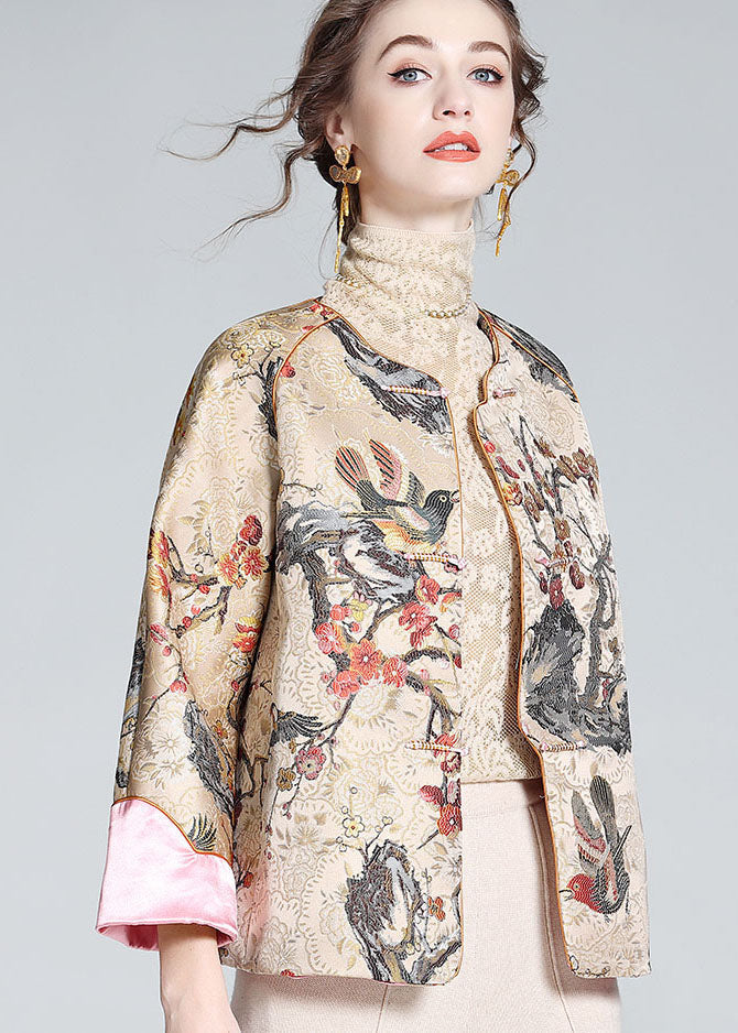 DIY Apricot O-Neck Embroideried Patchwork Chinese Button Silk Coats Spring LY0145 - fabuloryshop