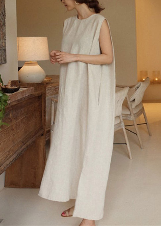 DIY Apricot O-Neck Linen Long Dresses Summer LY2092 - fabuloryshop