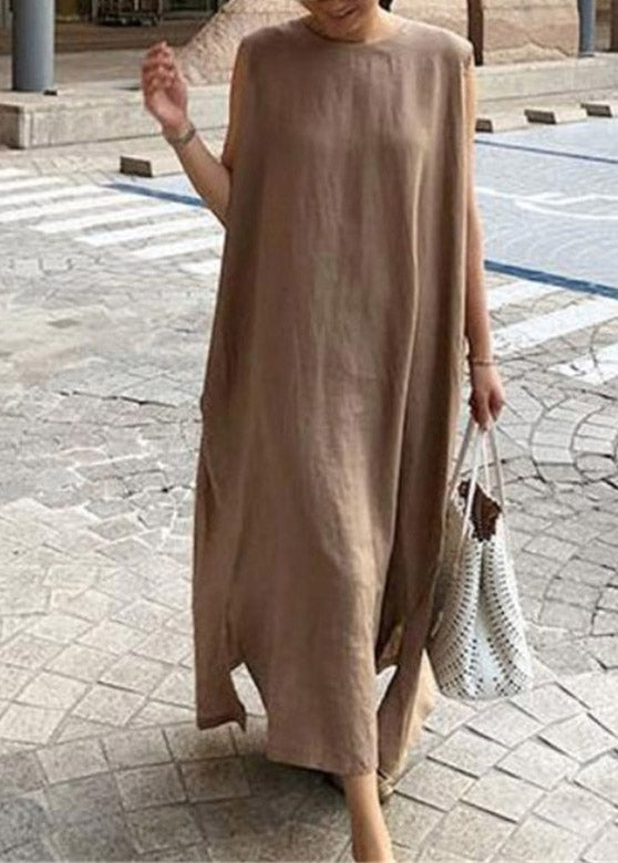 DIY Apricot O-Neck Linen Long Dresses Summer LY2092 - fabuloryshop