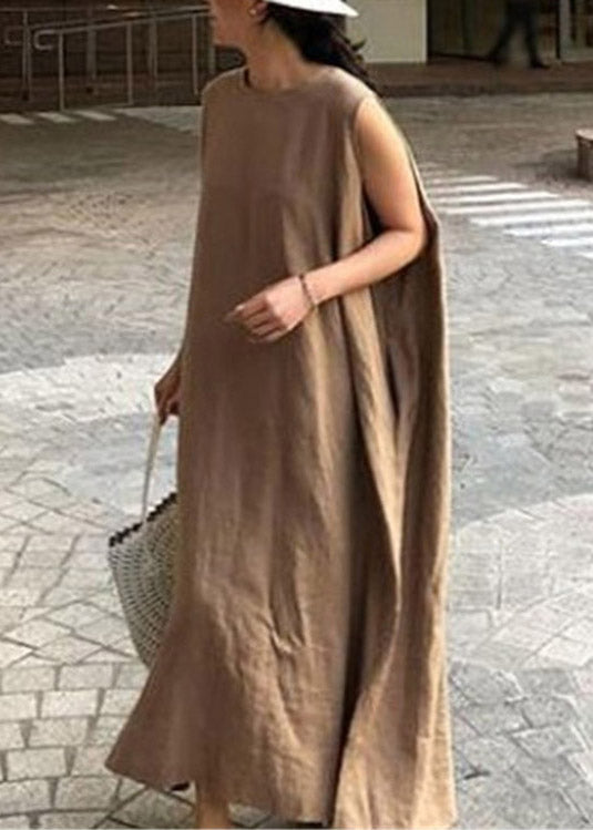 DIY Apricot O-Neck Linen Long Dresses Summer LY2092 - fabuloryshop