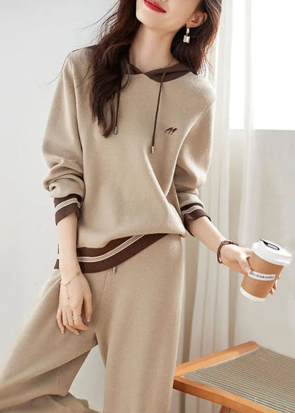 DIY Apricot Patchwork Drawstring Hoodie Coats And Pants Two Pieces Set Fall Ada Fashion