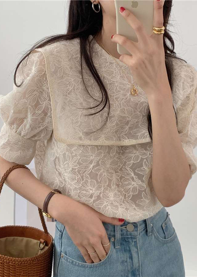 DIY Apricot Sailor Collar Embroideried Cotton Blouse Top Puff Sleeve LY2603 - fabuloryshop