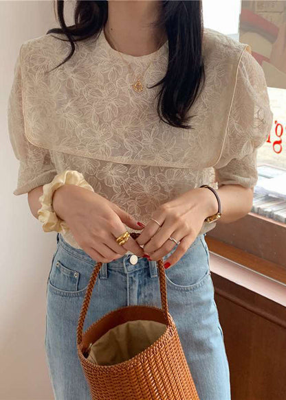 DIY Apricot Sailor Collar Embroideried Cotton Blouse Top Puff Sleeve LY2603 - fabuloryshop