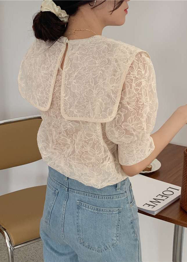 DIY Apricot Sailor Collar Embroideried Cotton Blouse Top Puff Sleeve LY2603 - fabuloryshop