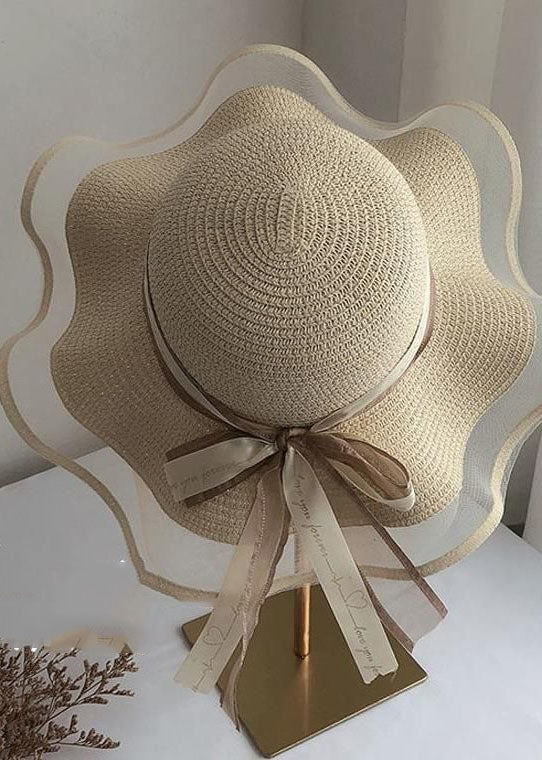DIY Beige Bow Straw Woven Beach Holiday Floppy Sun Hat LC0550