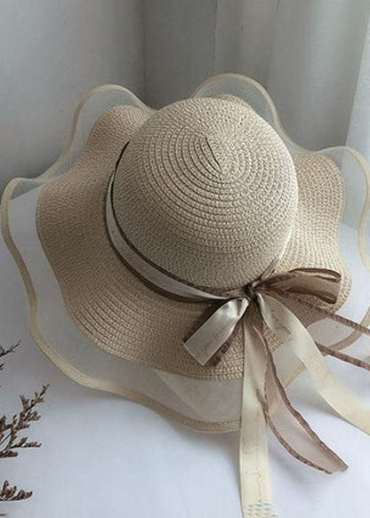 DIY Beige Bow Straw Woven Beach Holiday Floppy Sun Hat LC0550 - fabuloryshop