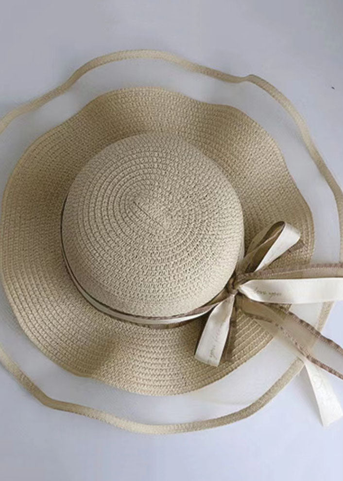 DIY Beige Bow Straw Woven Beach Holiday Floppy Sun Hat LC0550 - fabuloryshop