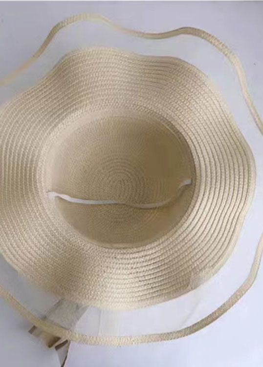 DIY Beige Bow Straw Woven Beach Holiday Floppy Sun Hat LC0550 - fabuloryshop