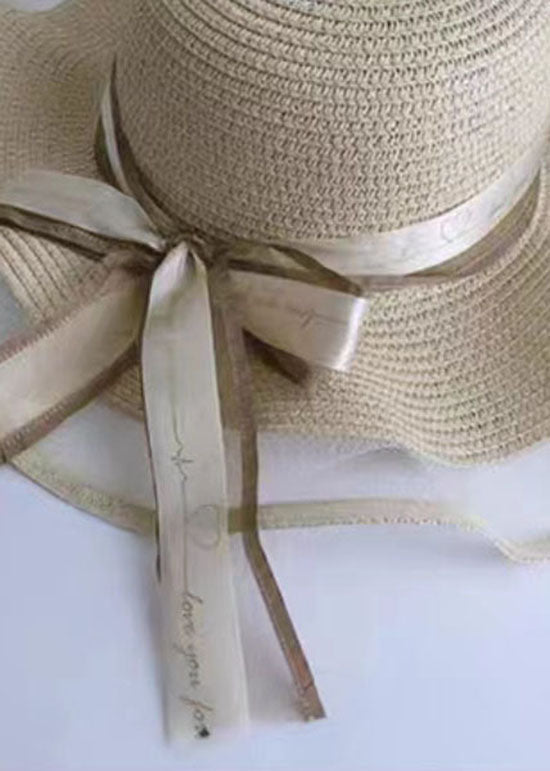 DIY Beige Bow Straw Woven Beach Holiday Floppy Sun Hat LC0550 - fabuloryshop