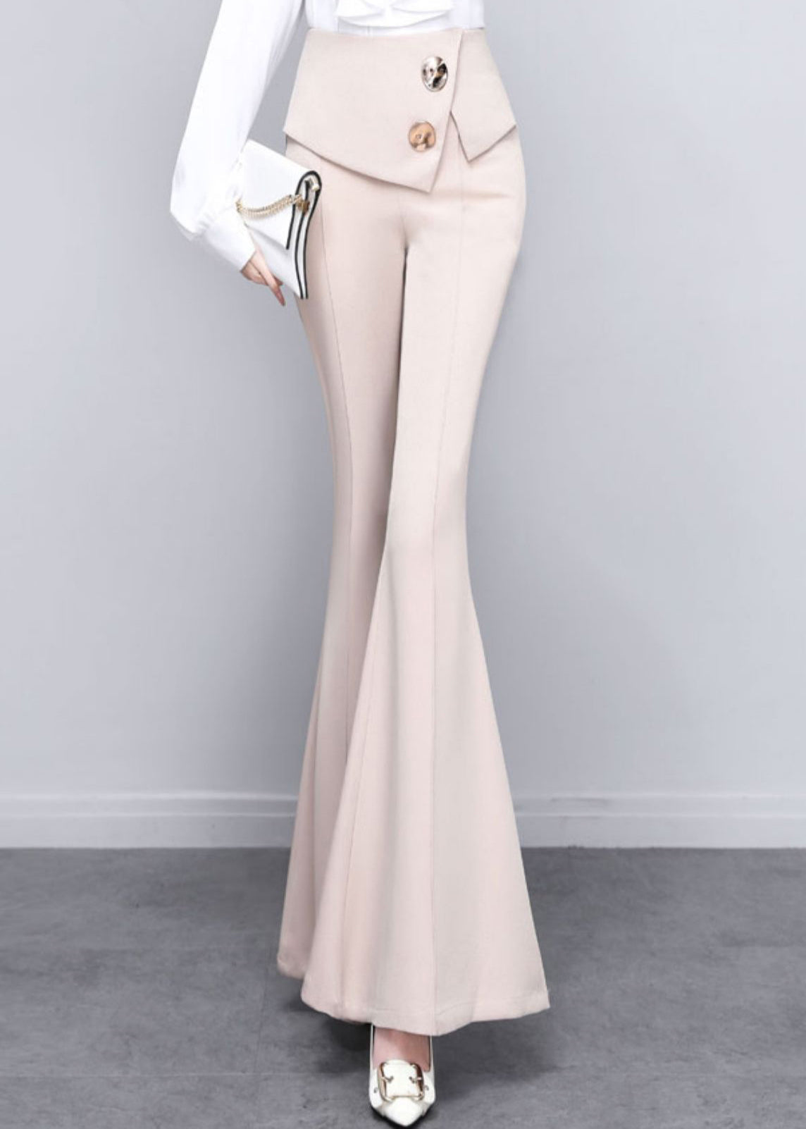 DIY Beige Button Solid High Waist Draping Bell Bottomed Trousers Spring LY0171 - fabuloryshop