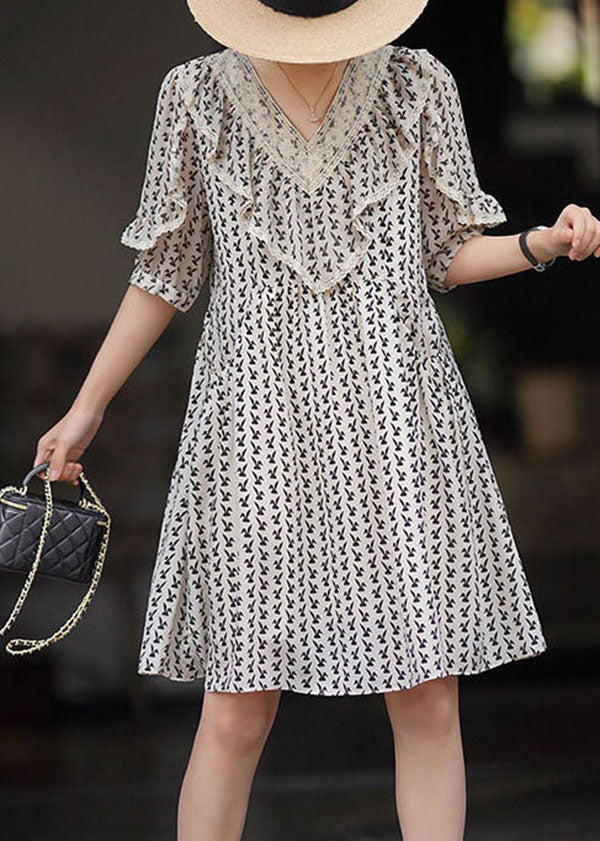 DIY Beige V Neck Ruffled Print Patchwork Chiffon Dresses Summer LY3830 - fabuloryshop