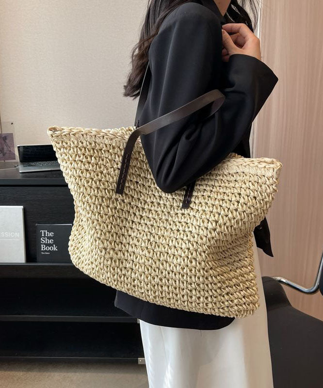 DIY Beige Zip Up Patchwork Straw Woven Satchel Bag Handbag LY1391 - fabuloryshop