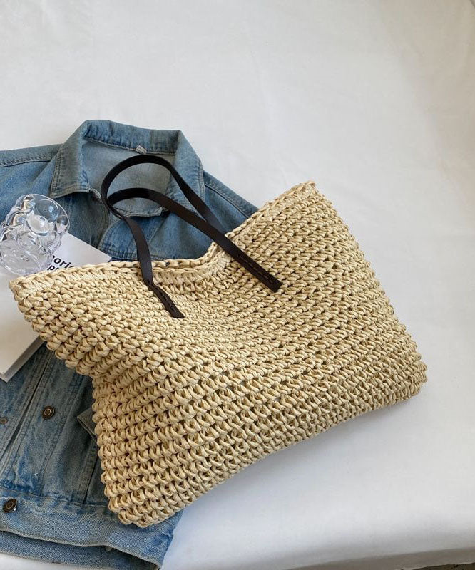 DIY Beige Zip Up Patchwork Straw Woven Satchel Bag Handbag LY1391 - fabuloryshop