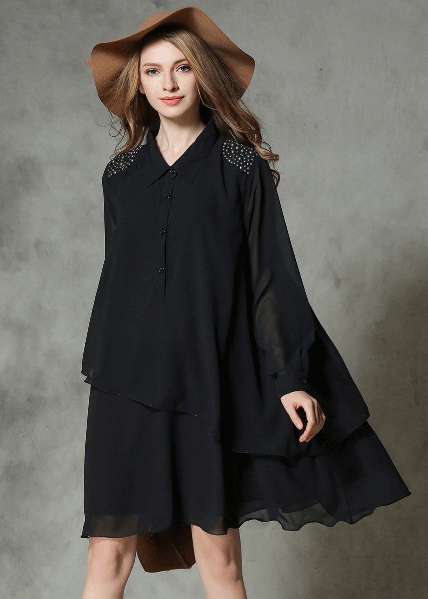 DIY Black Asymmetrical Design Rivet Chiffon A Line Dresses Spring LY0288 - fabuloryshop