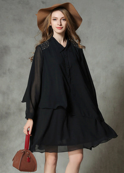 DIY Black Asymmetrical Design Rivet Chiffon A Line Dresses Spring LY0288 - fabuloryshop