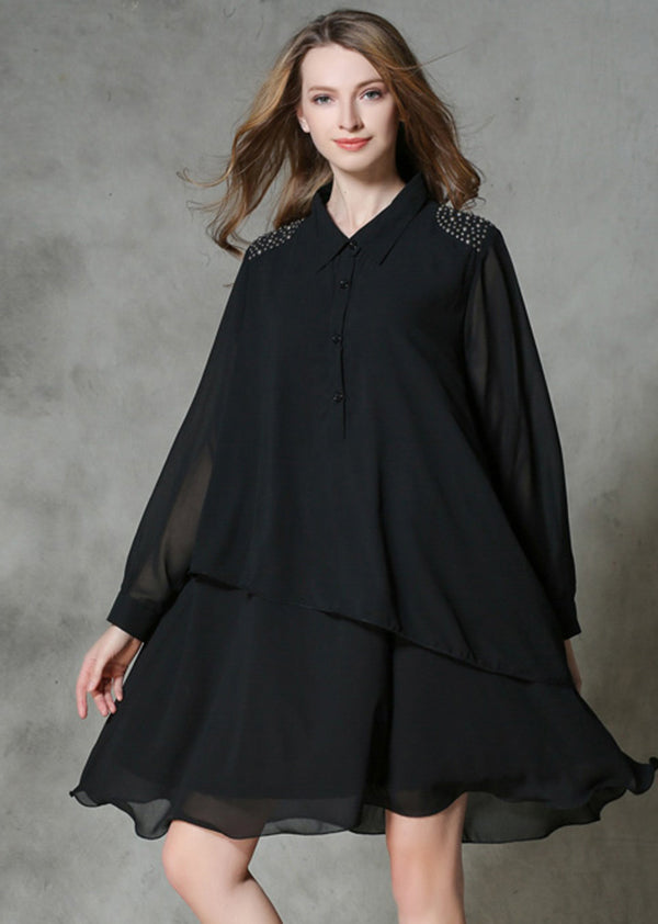 DIY Black Asymmetrical Design Rivet Chiffon A Line Dresses Spring LY0288 - fabuloryshop