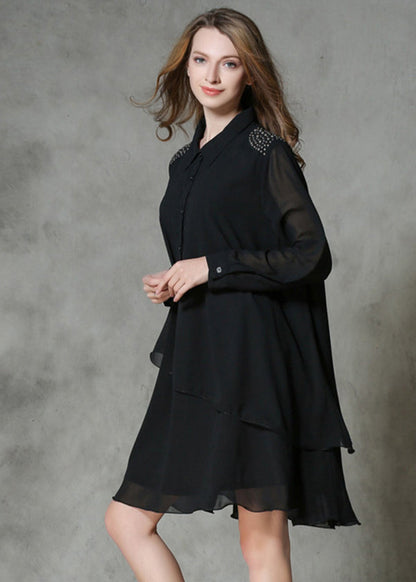 DIY Black Asymmetrical Design Rivet Chiffon A Line Dresses Spring LY0288 - fabuloryshop