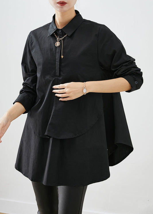 DIY Black Asymmetrical Patchwork Cotton Shirt Tops Fall Ada Fashion