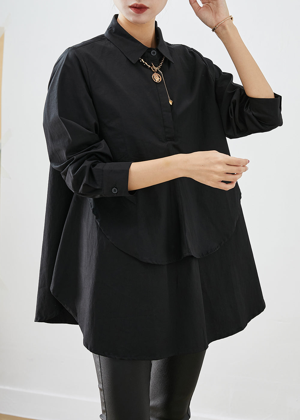 DIY Black Asymmetrical Patchwork Cotton Shirt Tops Fall Ada Fashion